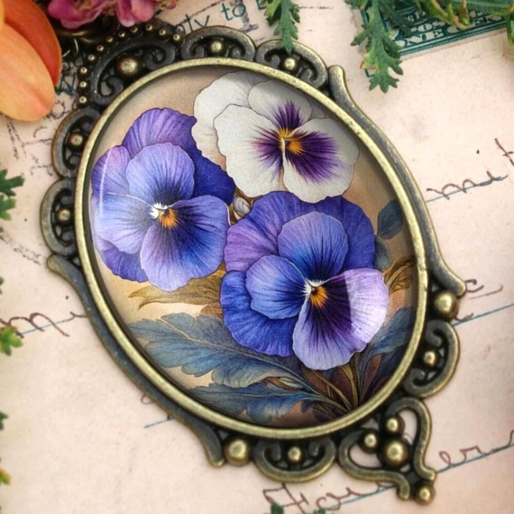 Purple Pansies Flower Necklace - Spring‎ Floral Ornate Pendant - Antique Jewelry